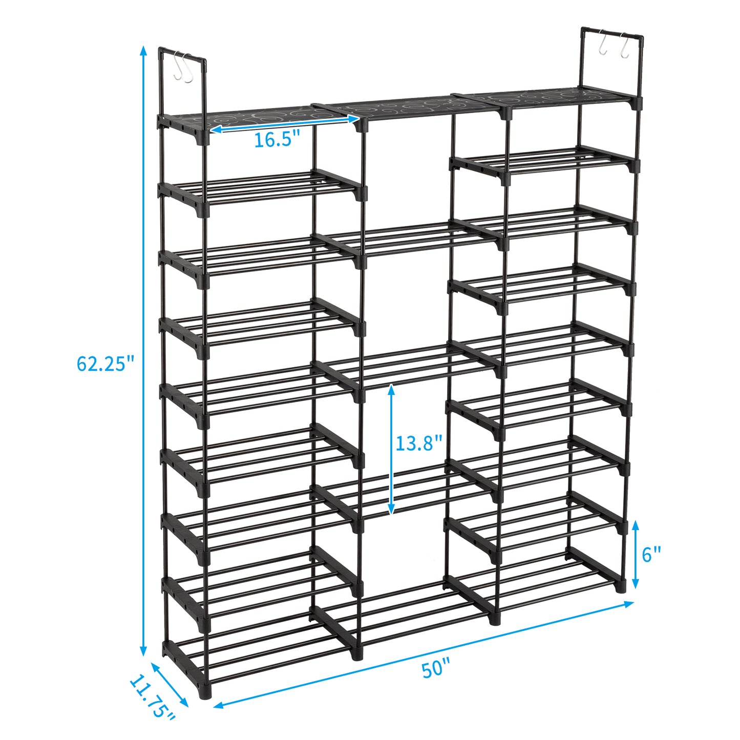 Sesslife 9 Tier Shoe Rack Organizer for Entryway 50-55 Pairs, DIY Stackable Shoe Rack for Closet Shoe Organizer with Sturdy Shelves and 4 Hooks, Metal Shoe Shelf Closet Organizer, Black