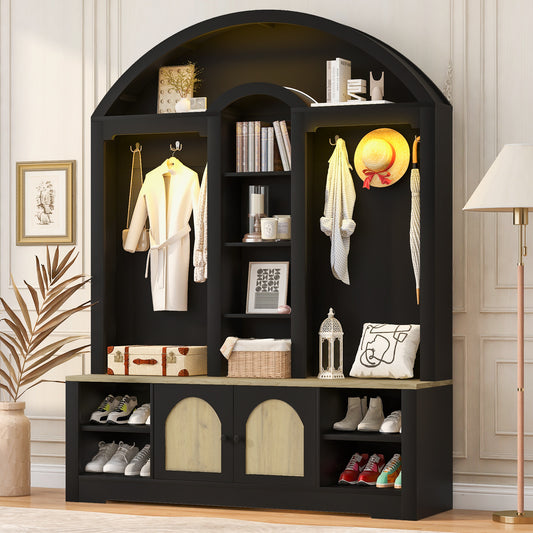 SESSLIFE Entryway Wardrobe with Shoe Storage, 59” Hall Tree with Hanging Rod and Hooks, Curved Entryway Storage Cabinet with LED Light, Black