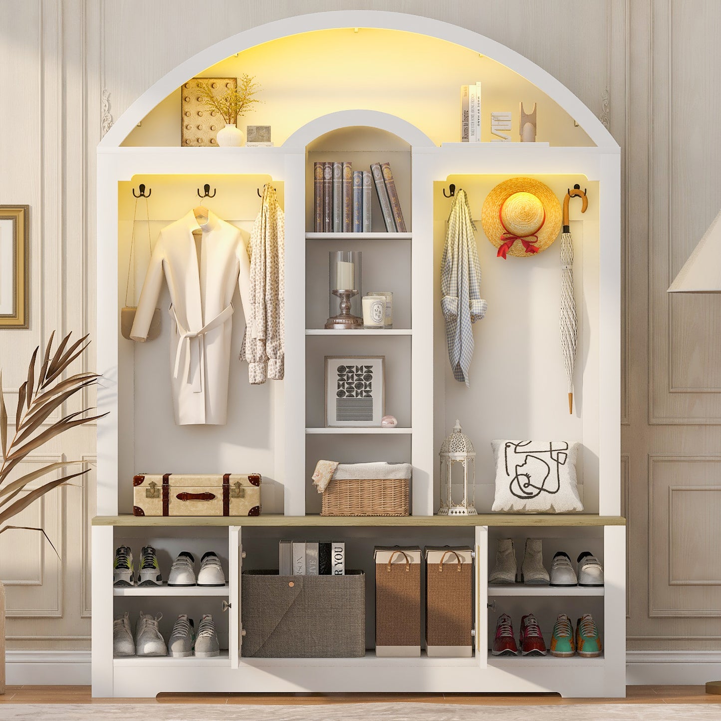 SESSLIFE Entryway Wardrobe with Shoe Storage, 59” Hall Tree with Hanging Rod and Hooks, Curved Entryway Storage Cabinet with LED Light, Black
