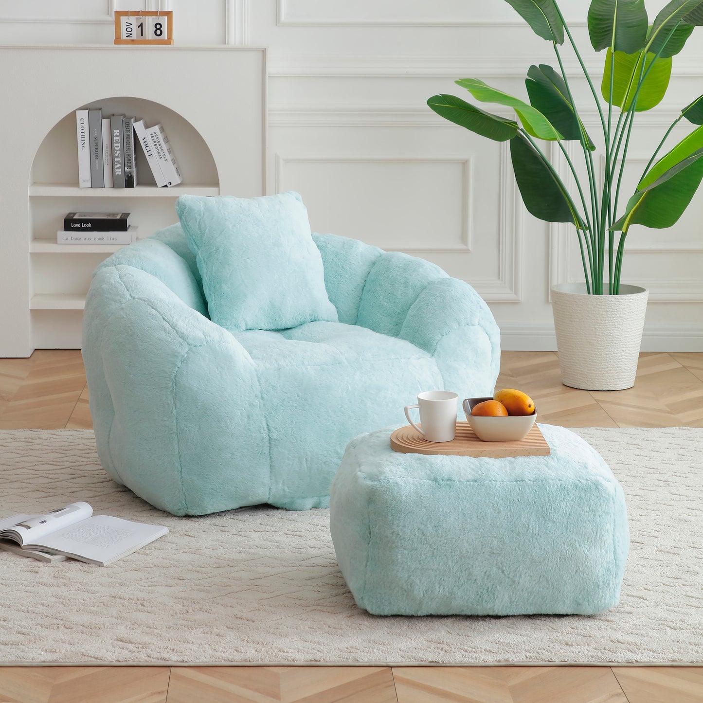 SESSLIFE Oversized Faux Fur Bean Bag Chair with Footstool, Giant Bean Bag Chair for Adults, Shell Shape Bean Bag Couch, Floor Sofa for Gaming Reading Living Room, Light Blue
