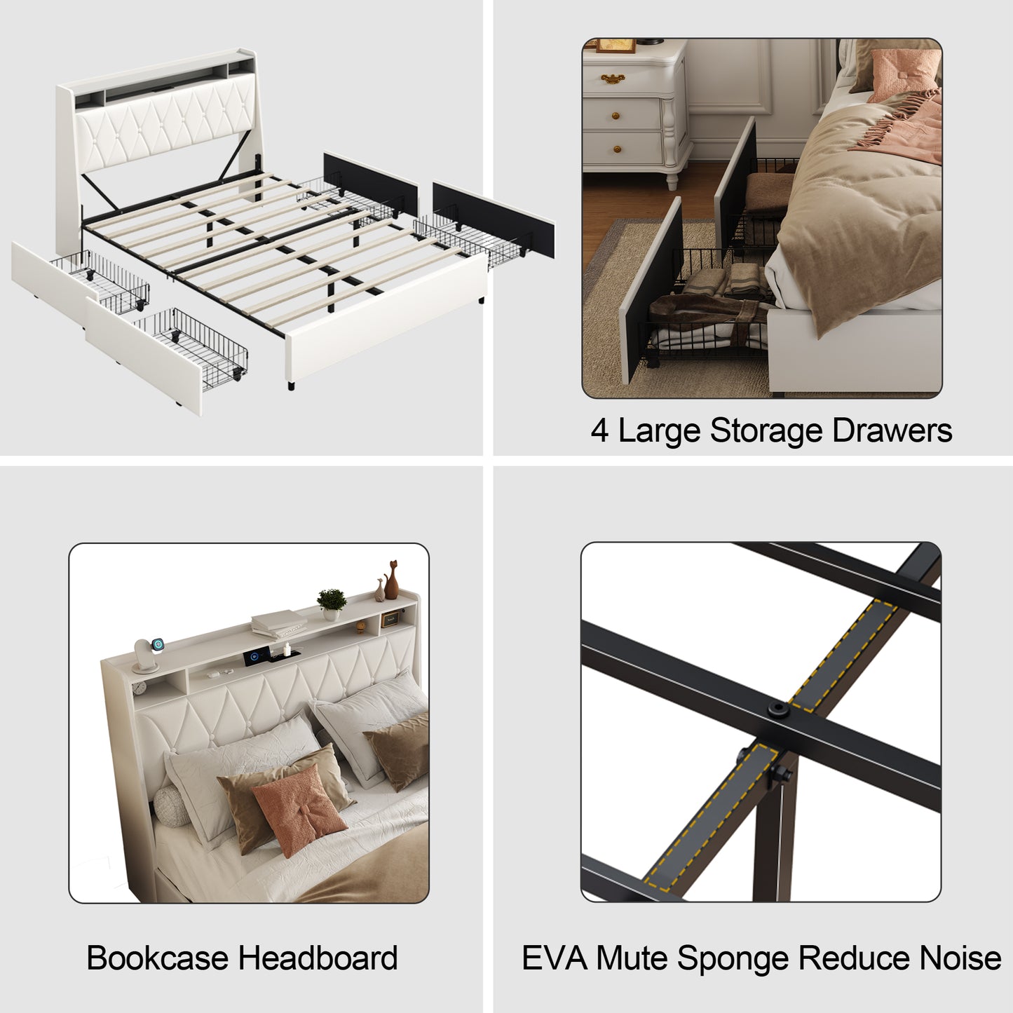 Full Bed Frame with Ergonomic Headboard, Metal & Wood Platform Bed with Charging Station and 4 Storage Drawers, Modern Full Size Upholstered Bed Frame, No Box Spring Needed, White