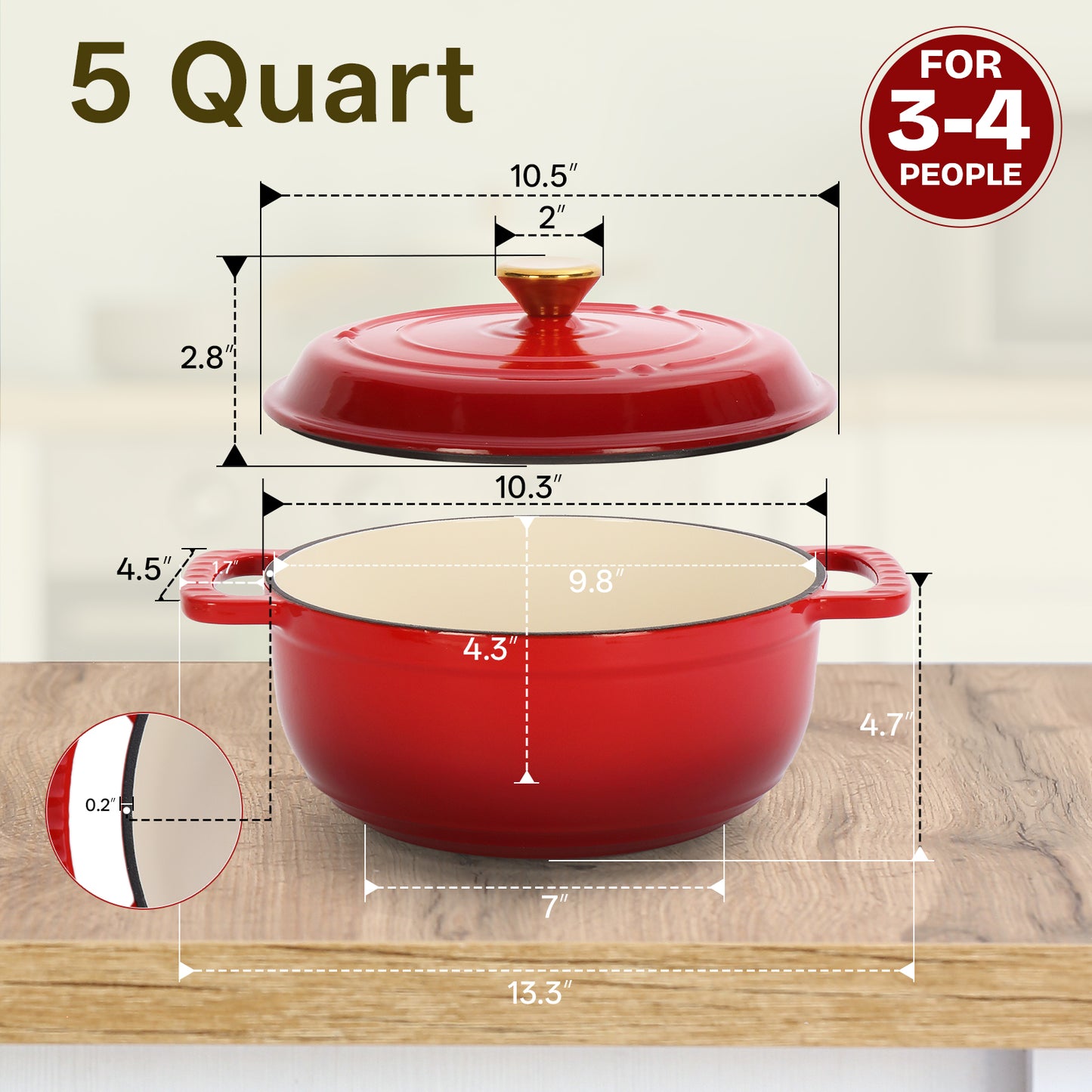 SESSLIFE 5QT Enameled Cast Iron Dutch Oven with Lid and Silicone Gloves for Bread Baking, 3-4 People, Gradient Red