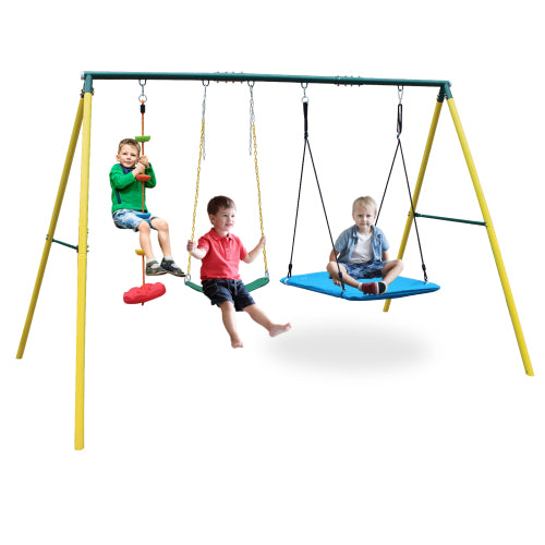 Metal Swing Set for Outside, Kids Backyard Swing Set with Swing Chair, Glider, Ground Nail, 3 In 1 Outdoor Swing Set