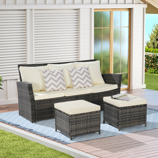 UHOMEPRO 3 Piece Rattan Patio Sofa Set, Outdoor Patio Conversation Set, All-Weather PE Rattan Wicker Furniture Set with 2 Ottomans, Cushioned Sofa Set for Patio Garden Poolside Deck, Beige