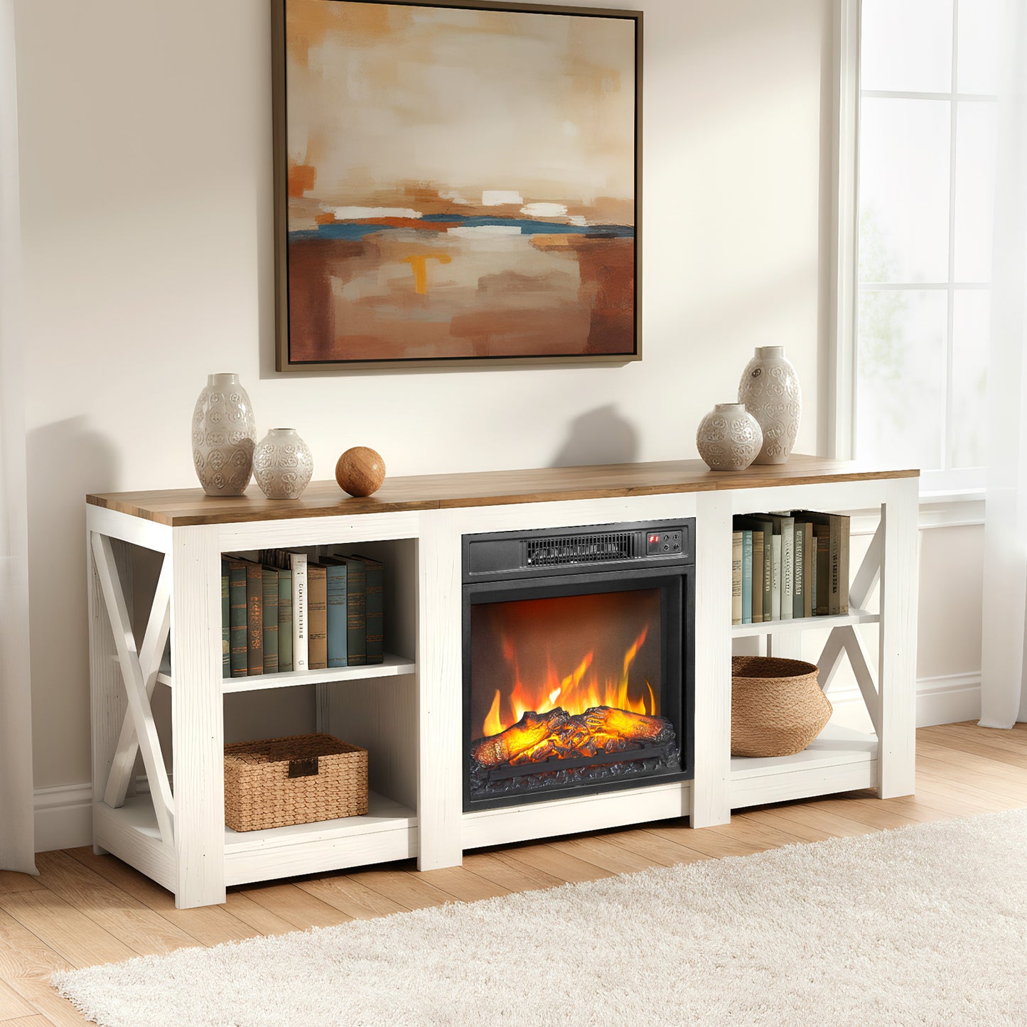 SESSLIFE 58 Inch Fireplace Cabinet with Electric Fireplace Insert, Farmhouse Fireplace Console with Double-Sided Cross Design, Storage Furniture for Living Room, White & Brown