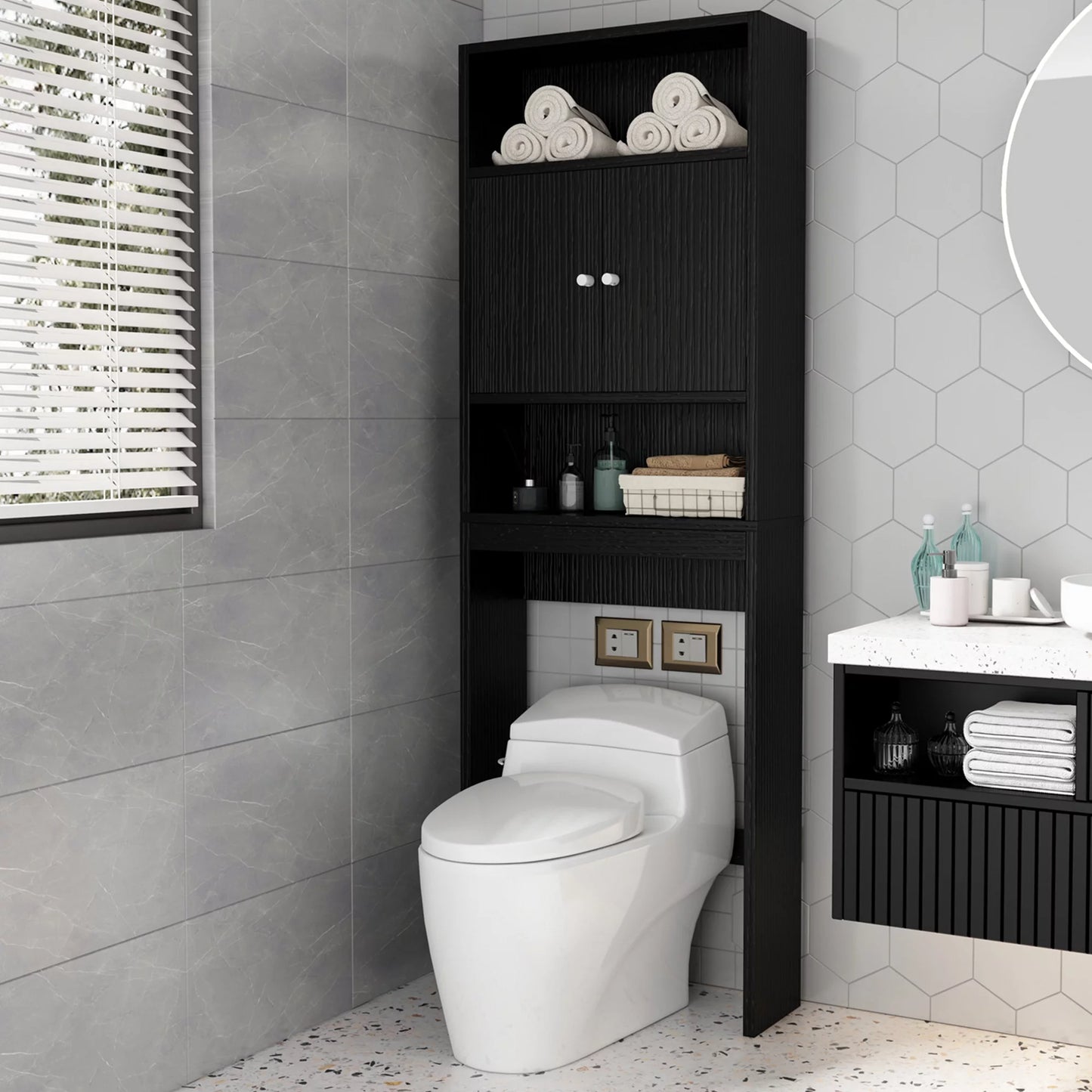 SESSLIFE Bathroom Storage Toilet Space Saver with a Drawer and 2 Shelves, Modern Over The Toilet Space Saver Organization, Wood Storage Cabinet for Home, Bathroom, White