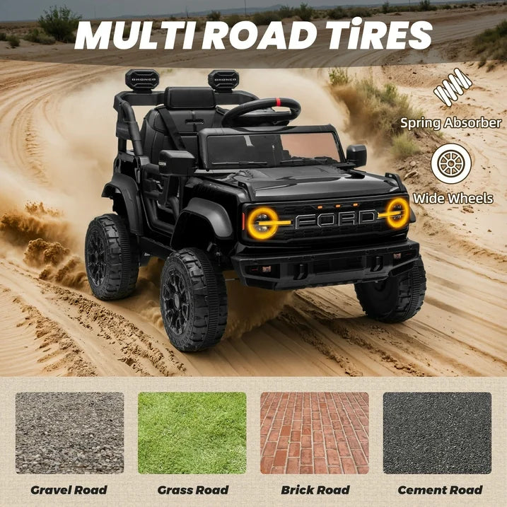 Ford Bronco Raptor Powered Ride on Truck, 12V Powered Kids Ride on Toy Cars with Remote Control, Bluetooth, LED, MP3, Safety Belt, 4 Wheelers, Electric Car for Kids Girls 3-5 Gift, Black
