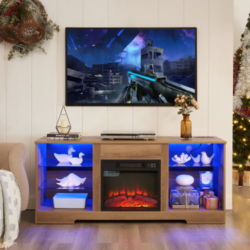 Sesslife Fireplace TV Stand for 65 Inch TV, LED TV Stand with Open Storage Shelves and Charging Station, Entertainment Center TV Console Table with Fireplace for Living Room, Espresso