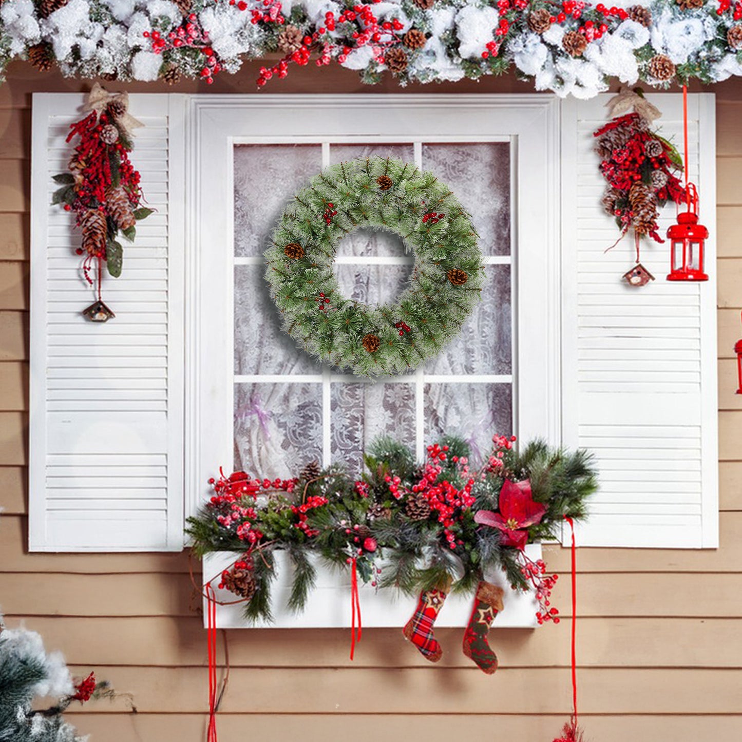 SESSLIFE 2Pcs Christmas Wreath, 24 Inch Pre-Lit Artificial Xmas Wreaths with 100 Warm White LEDs and Pine Cones, Battery Powered Artificial Wreaths for Indoor and Outdoor Decor