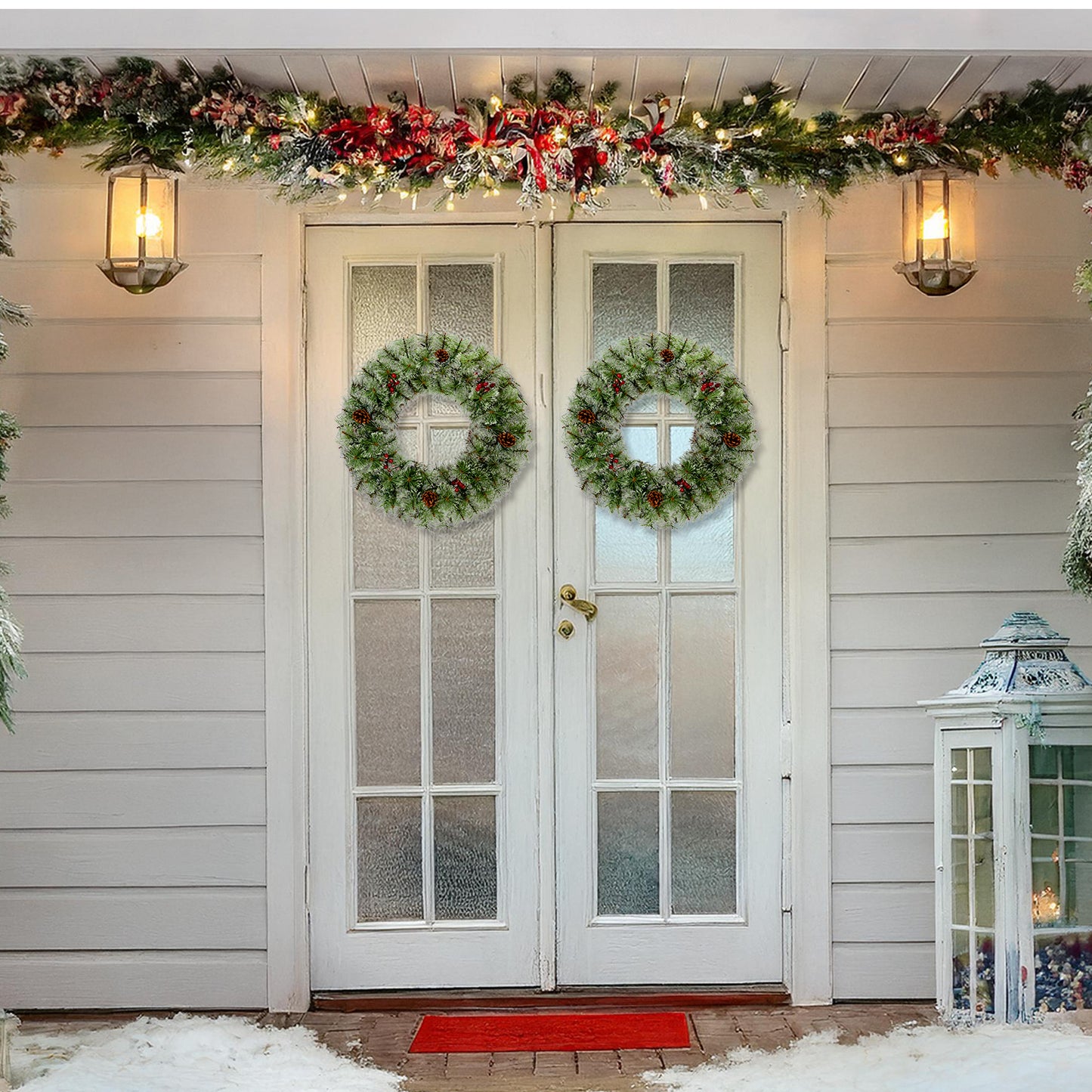 SESSLIFE 2Pcs Christmas Wreath, 24 Inch Pre-Lit Artificial Xmas Wreaths with 100 Warm White LEDs and Pine Cones, Battery Powered Artificial Wreaths for Indoor and Outdoor Decor