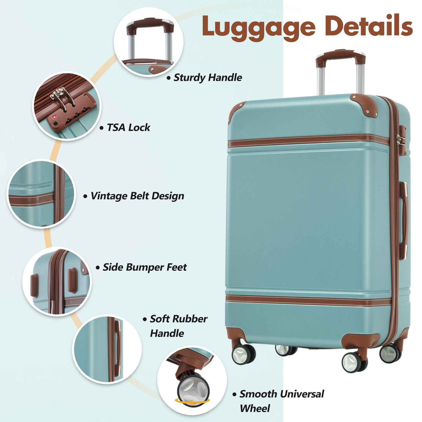 Hardshell Luggage Set, ABS Carry-on Suitcase with Double Spinner Wheels and TSA Lock, Modern 3 Piece Suitcase Set for Travel with 20” Vintage Luggage and 2 Bags, White
