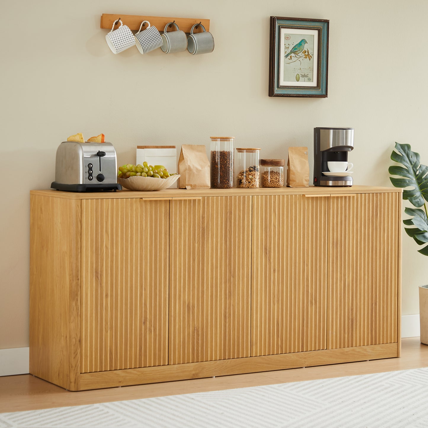 SESSLIFE 59 Inch Modern Wavy Sideboard Cabinet with Curved Front and 4 Doors, Natural MDF Storage Cabinet Media Console TV Stand for Living Room Kitchen Bedroom