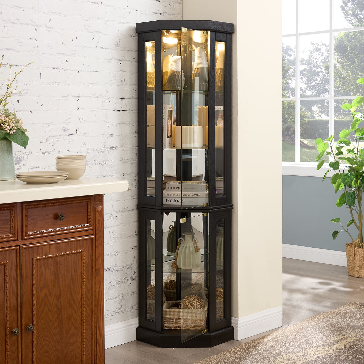 SESSLIFE 70" Lighted Corner Curio Cabinet with Mirrored Back, 5 Tempered Glass Shelves Adjustable, Anti-Tip Device Tall Glass Display Cabinet for Collectibles, Easy Assembly, Black