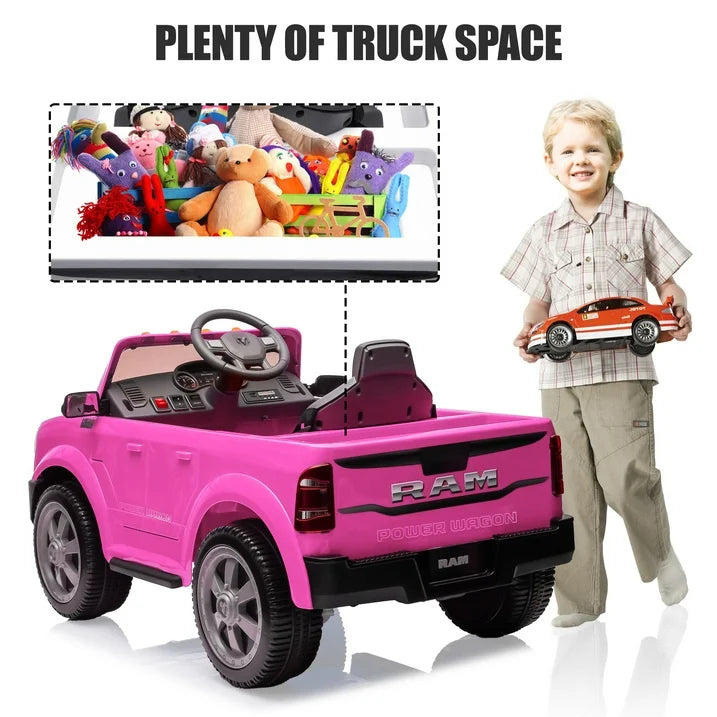 Ram Ride on Car Toys, 12V RAM 2500 Powered Ride on Toy Truck with Remote Control, Electric Car for Kids Girls 3-5 w/ Bluetooth, Rear Storage Trunk, Safety Belt, Rear Wheel Suspension, Pink