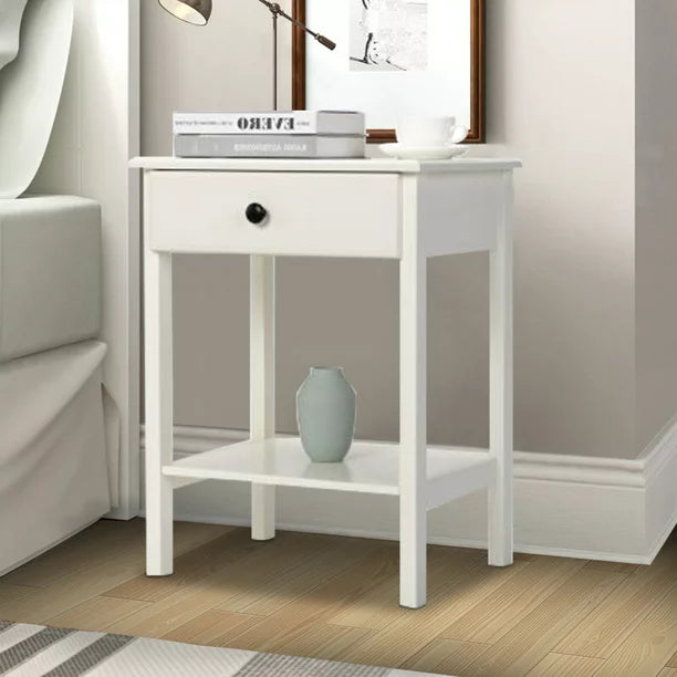 Wood Nightstand Set of 2, SESSLIFE Modern Bedside Table with Drawer and Shelf, White Night Stands for Bedroom, End Tables Set of 2 for Living Room, 2 Tiers Sofa Tables for Home, X1054