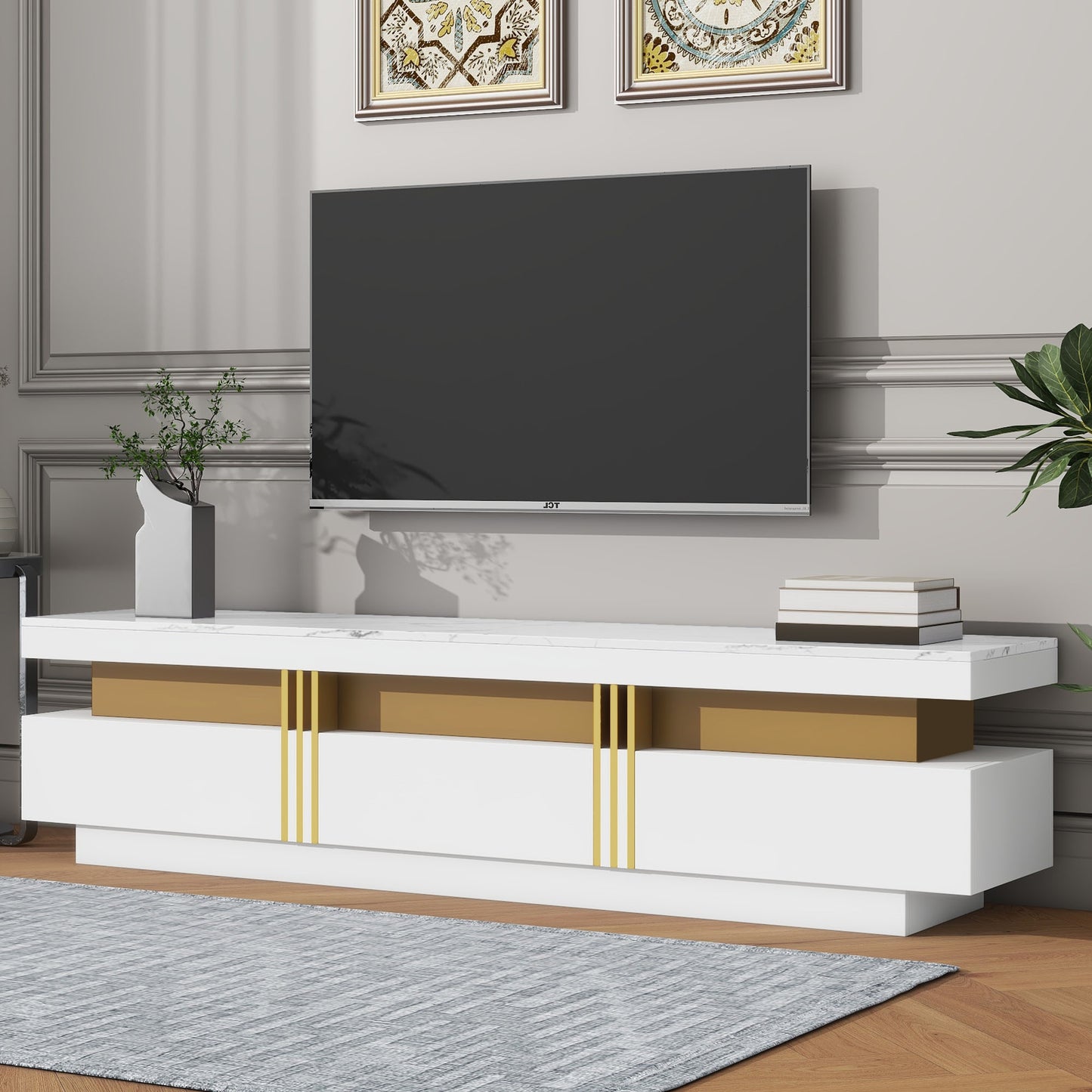 TV Stand for TVs Up to 75'', Modern Entertainment Center with High Gloss Marble Top, TV Console with Golden Panel Design and Drawers, Media Console Cabinet for Living Room, White