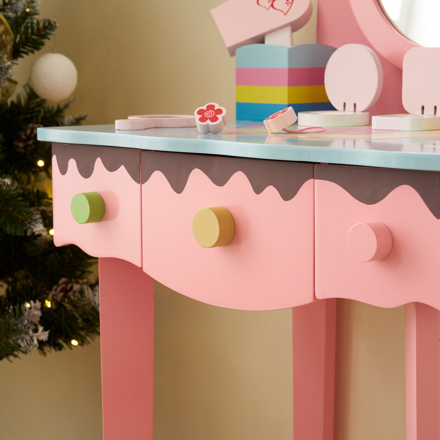 SESSLIFE Princess Vanity Table Set with Mirror and Chair, Pink Dressing Table with 3 Drawers Storage, Pretend Play Makeup Vanity Table for Bedroom or Playroom