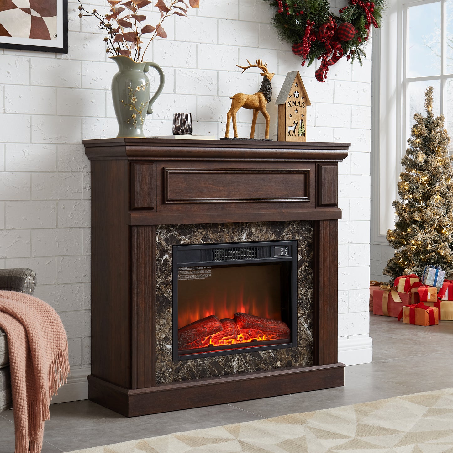 SESSLIFE 41" Electric Fireplace Heater with Mantel, Freestanding Design with 3D Adjustable Flame, Remote Control, Compact for Indoor Use, Cherry Finish, Heats Up to 400 Sq Ft