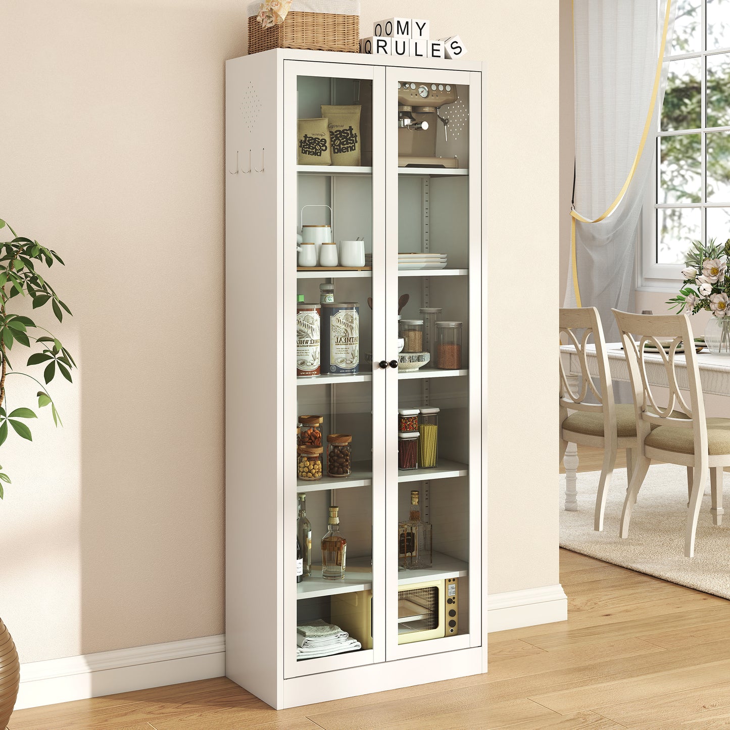 SESSLIFE 61" Modern Farmhouse Pantry Cabinet with Adjustable Shelves, Heavy-Duty White Metal Freestanding Organizer, Magnetic Closure and Anti-Tip for Kitchen/Pantry/Living Room