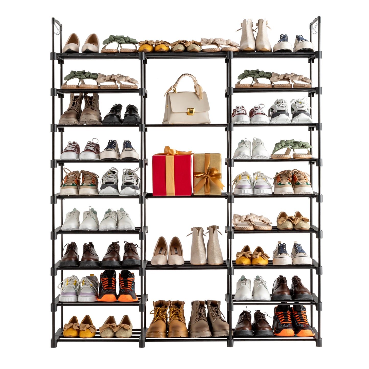 Sesslife 9 Tier Shoe Rack Organizer for Entryway 50-55 Pairs, DIY Stackable Shoe Rack for Closet Shoe Organizer with Sturdy Shelves and 4 Hooks, Metal Shoe Shelf Closet Organizer, Black