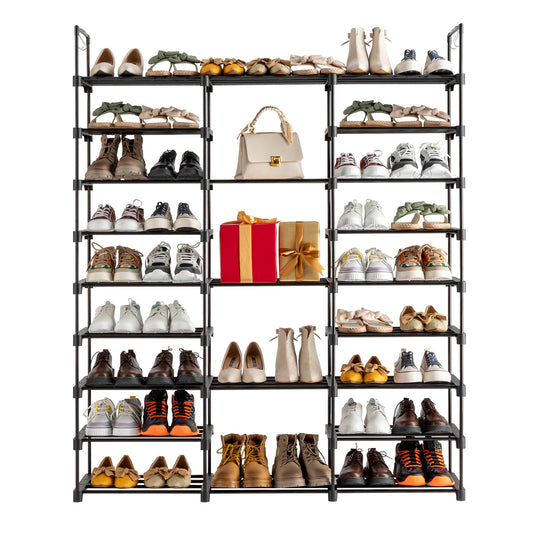 Sesslife 9 Tier Shoe Rack Organizer for Entryway 50-55 Pairs, DIY Stackable Shoe Rack for Closet Shoe Organizer with Sturdy Shelves and 4 Hooks, Metal Shoe Shelf Closet Organizer, Black