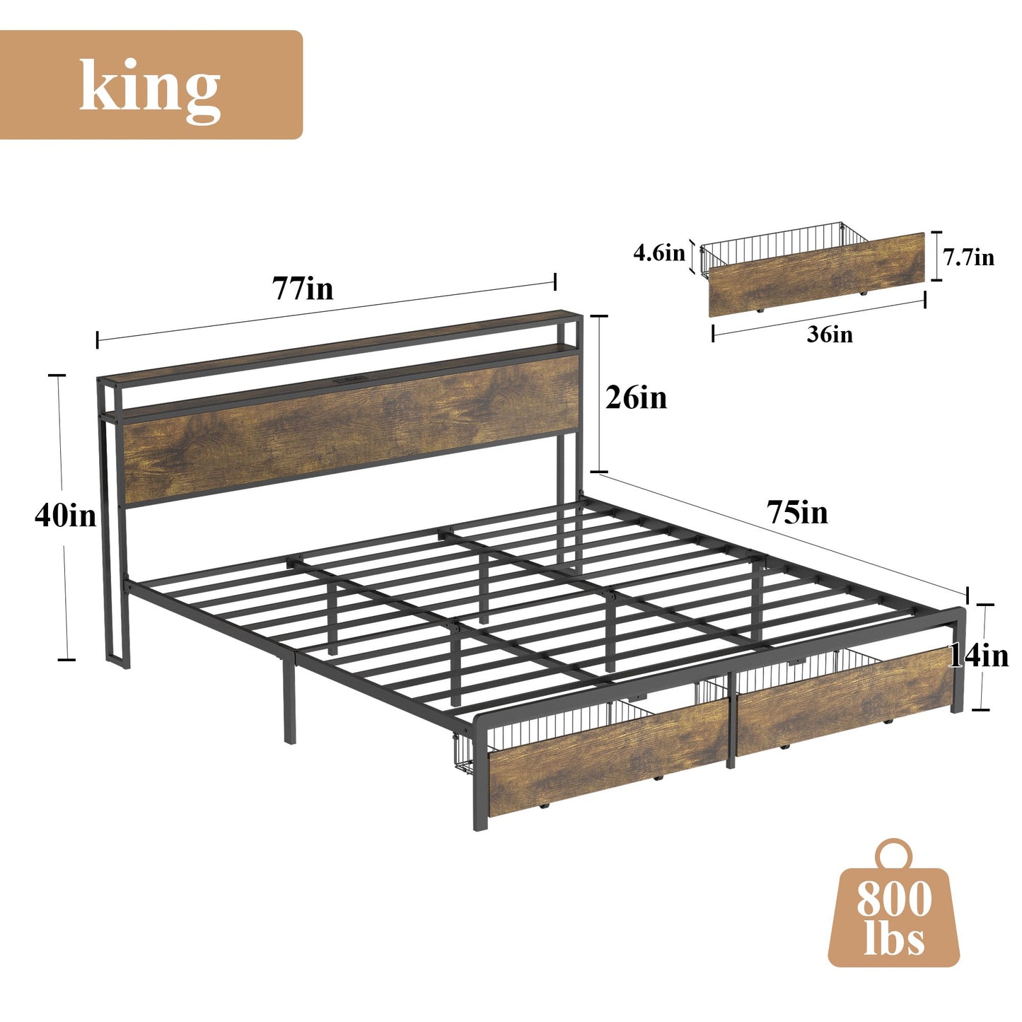 Sesslife LED Full Bed Frame with Storage Headboard and 2 Drawers, Heavy Duty Industrial Metal Platform Bed Full Size with Charging Station, Large Underbed Storage Space, No Box Spring Needed, Brown