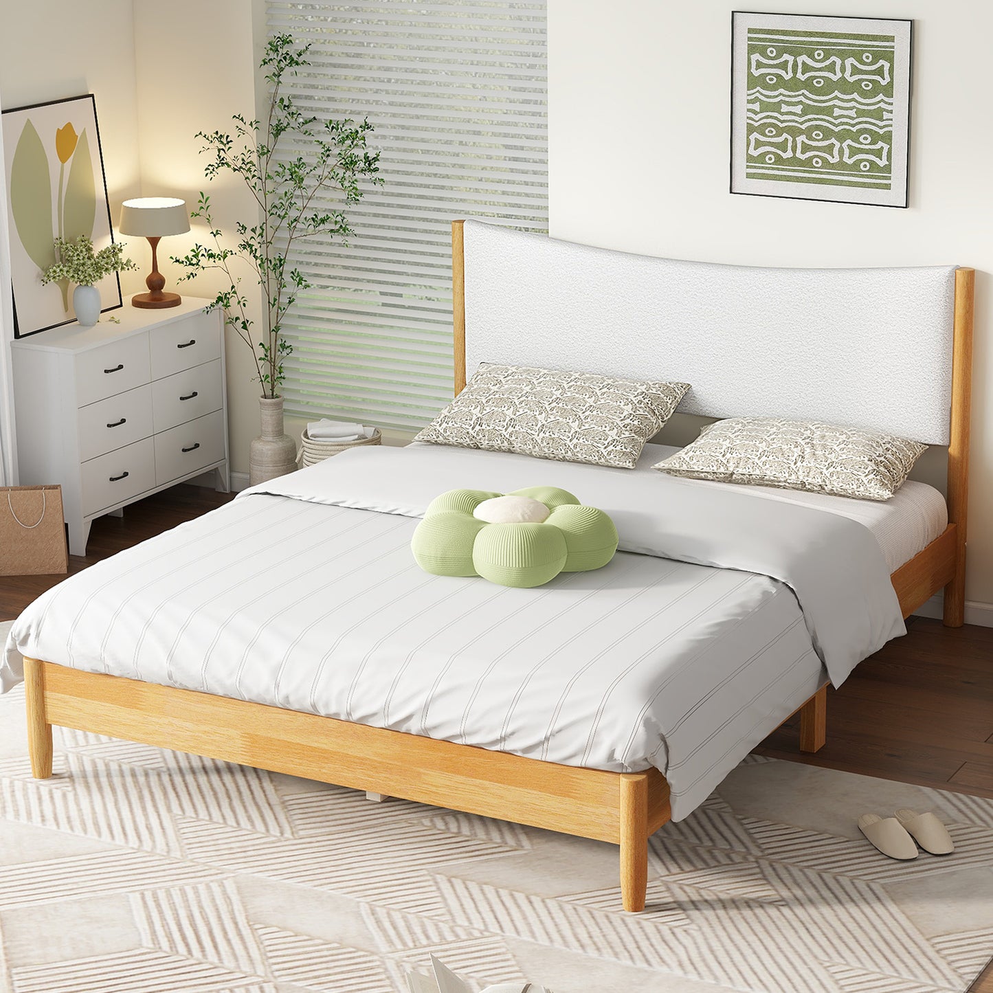 SESSLIFE Queen Platform Bed Frame, Wooden Queen size Bed with Upholstered Headboard, Modern Bed Frame with Support Feet, No Box Spring Needed, Natural & Beech White