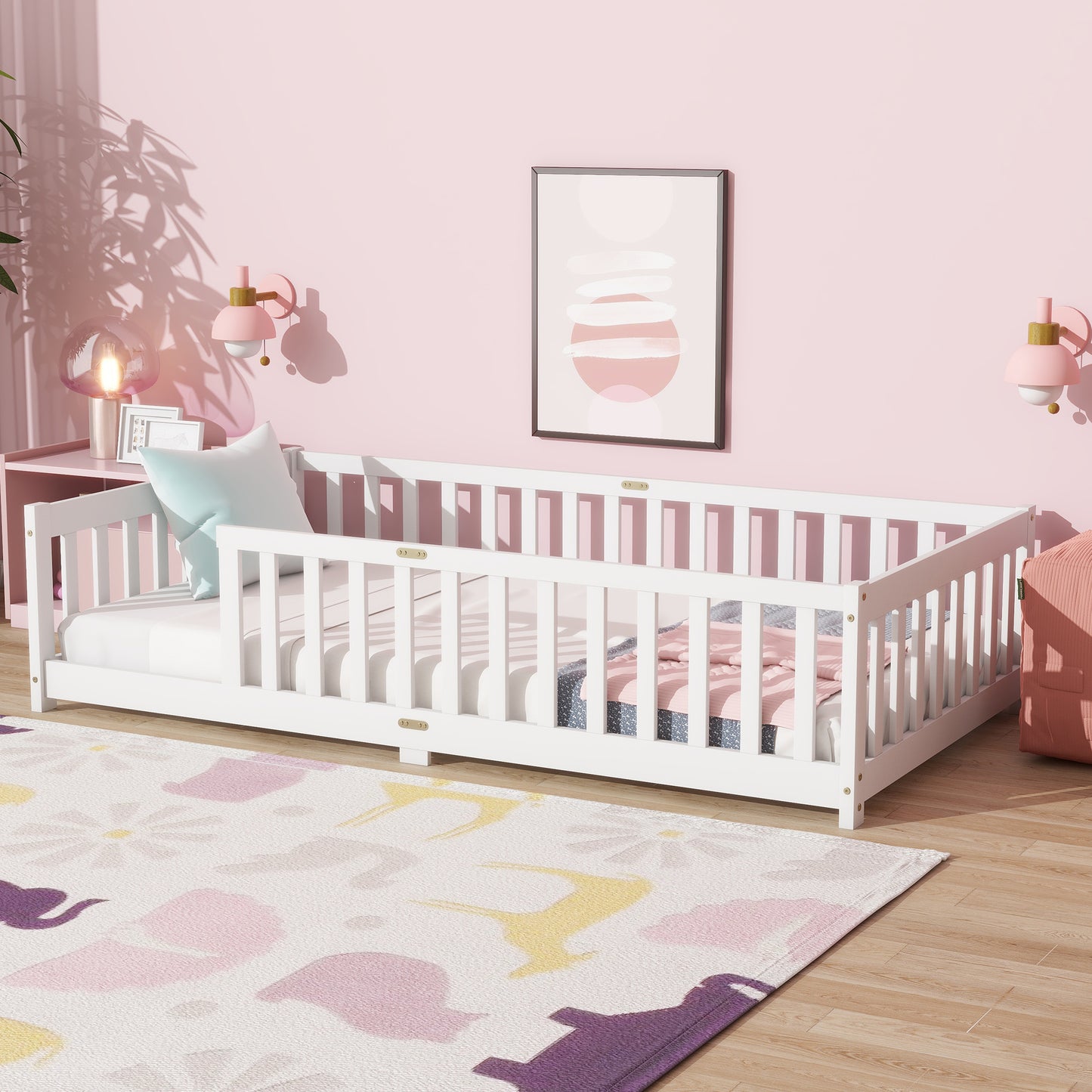 SESSLIFE Twin Size Floor Bed with Safety Fence, Low Profile Platform Bed Frame with Guardrails, Solid Wood Floor Bed with Slats, No Box Spring Needed, White