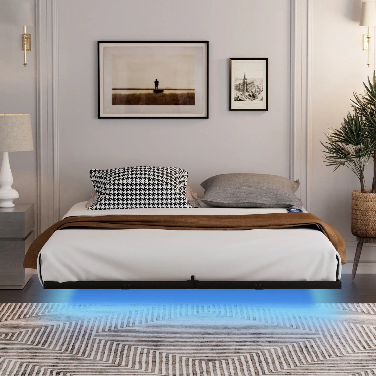 SESSLIFE Floating Queen Metal Bed Frame with LED Lights and Charging Station, Adults Modern Bed Frame, No Box Spring Needed, Easy Assembly