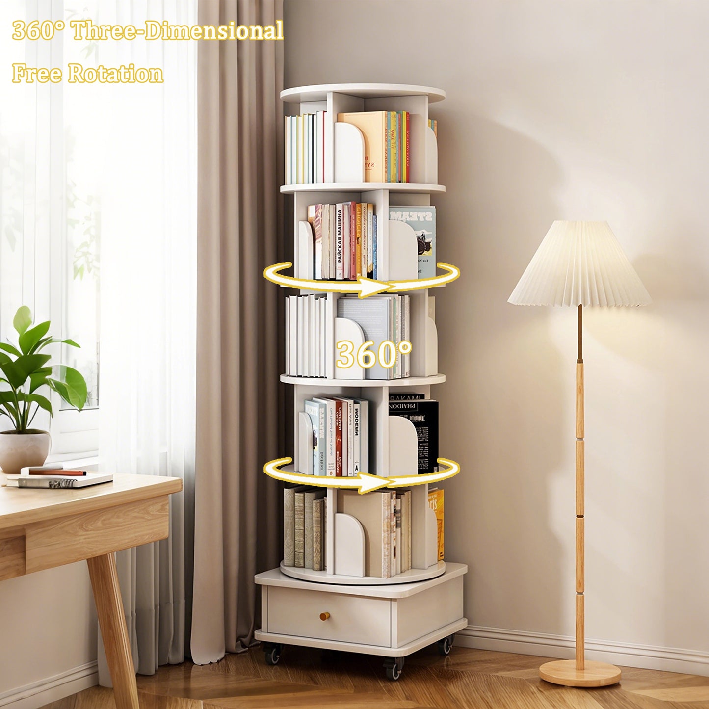 SESSLIFE 6 Tier Rotating Bookshelf Tower with Wheels and Drawer, 360° Spinning Bookcase for Small Spaces, Vertical Round Storage Shelf for Bedroom Living Room Office, White