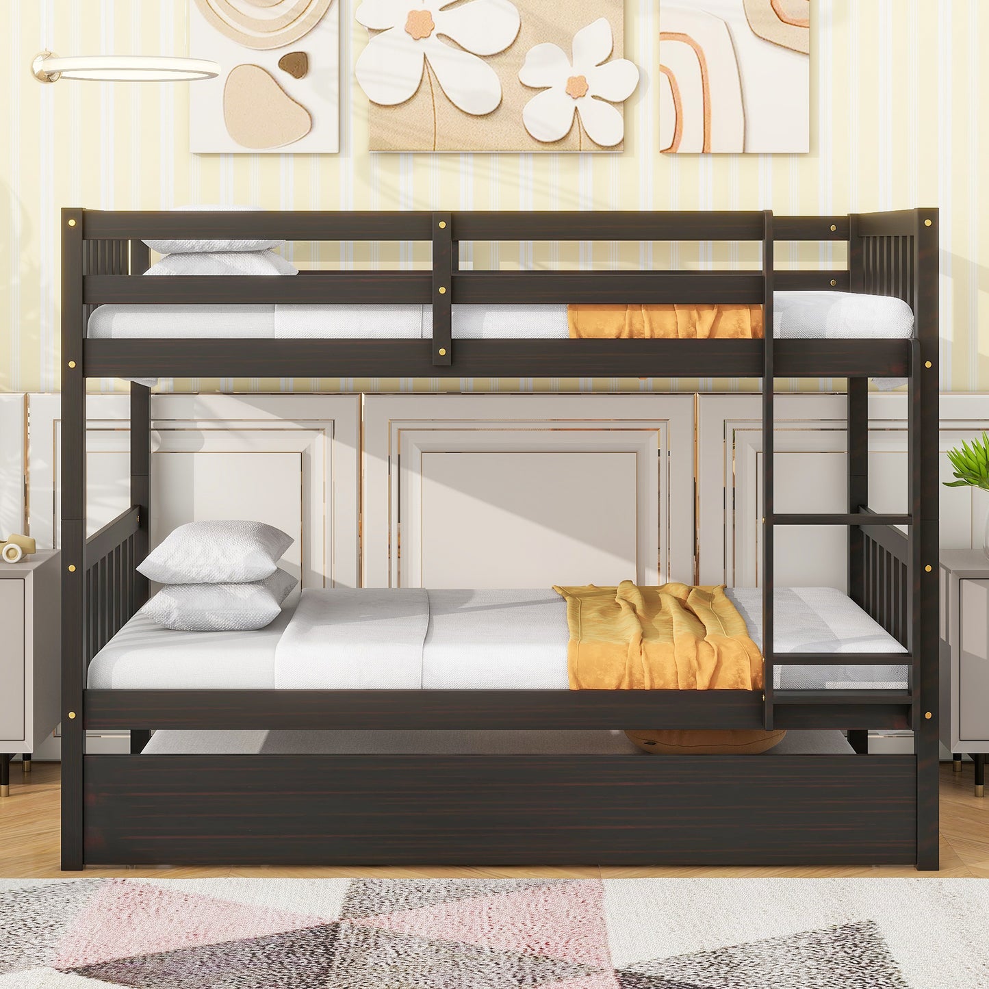 Sesslife Twin Over Twin Bunk Bed with Trundle, Wood Twin Over Twin Convertible Bunk Bed with Guardrails, Ladder, Bunk Bed for Kids, Dorm, Bedroom, White