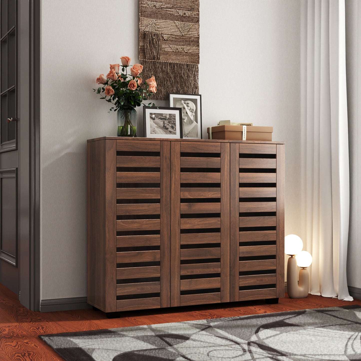 SESSLIFE Entryway Shoe Cabinet with Adjustable Shelves, 5-Tier Wooden Shoe Rack Organizer with Louvered Doors for Hallway Bedroom Closet, Walnut