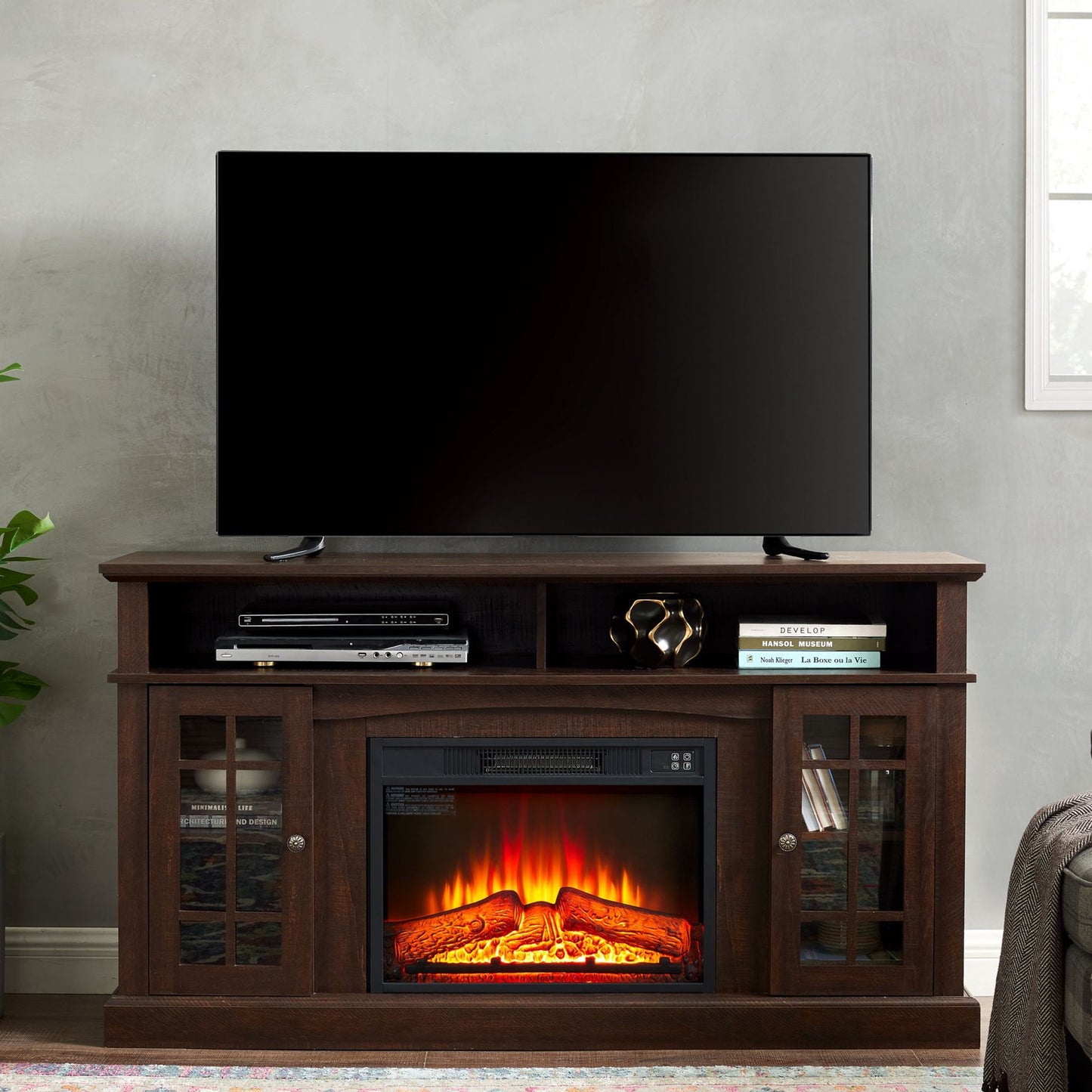 Sesslife Electric Fireplace TV Stand with Remote Control for 70 Inch TV, Farmhouse TV Console Table with Open Storage Shelves & 2 Cabinets, Wooden Media Entertainment Center for Living Room, Cherry