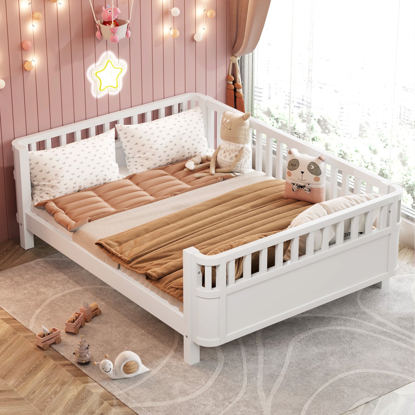 Sesslife Toddler Bed, Wood Twin Platform Bed Frame, Twin Size Bed Frame with Salts and Safety Fence for Boys Girls, Low Profile Bed Twin with Removable Guardrail, No Box Spring Needed, White
