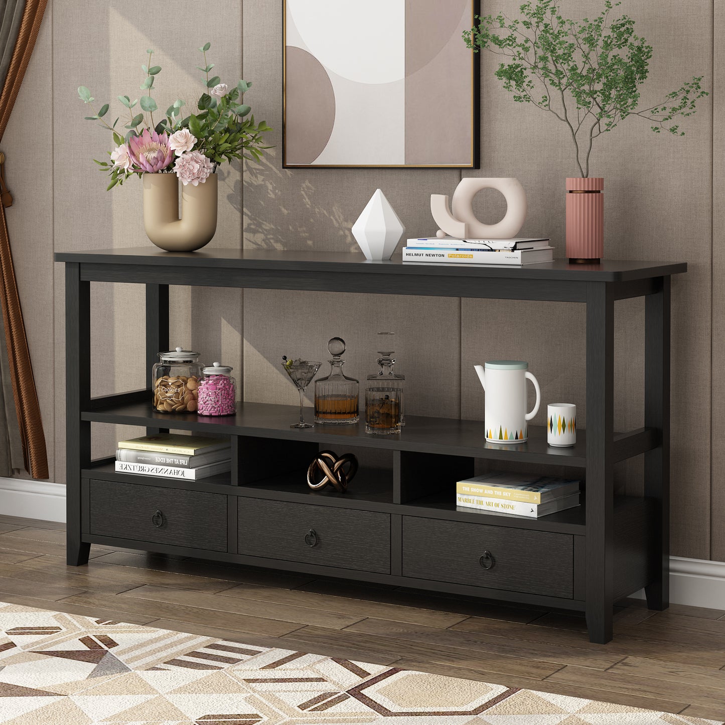 SESSLIFE Console Table with Drawers and Shelves, Narrow Entryway Console Table with Storage, Black Industrial Sofa Table for Living Room, Hallway, Behind Couch