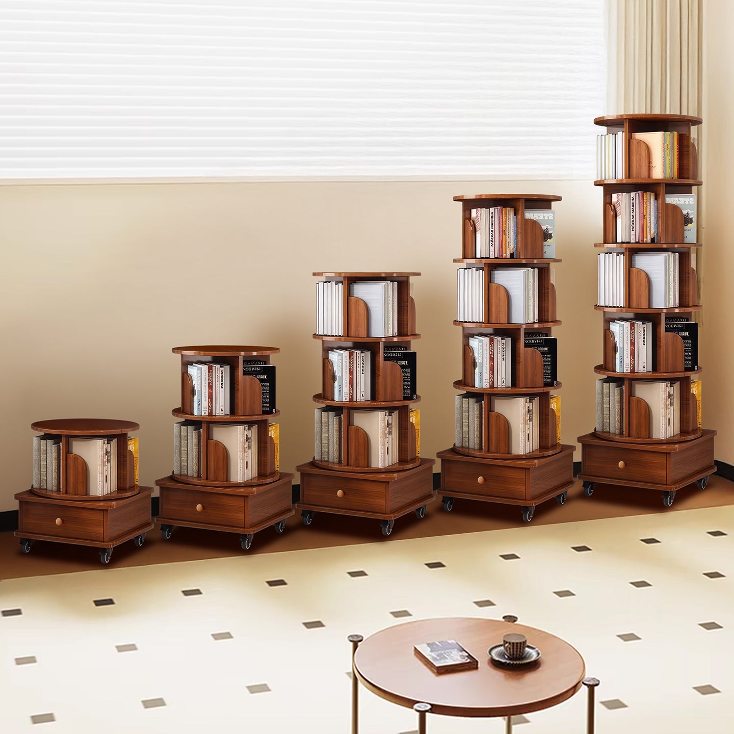 SESSLIFE 6 Tier Rotating Bookshelf, 360° Spinning Corner Bookcase for Small Space, Tall Narrow Wood Book Storage with Wheels, Space Saving Organizer for Living Room, Walnut