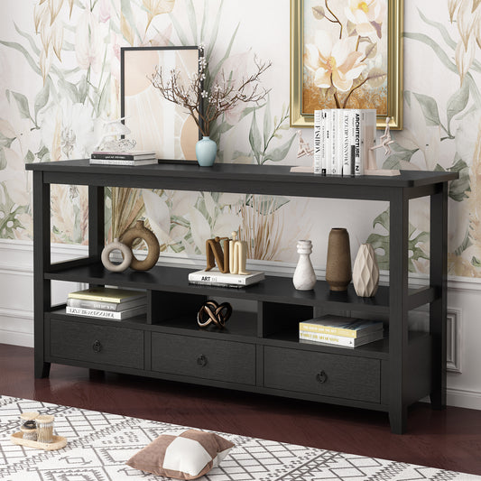 SESSLIFE Console Table with Drawers and Shelves, Narrow Entryway Console Table with Storage, Black Industrial Sofa Table for Living Room, Hallway, Behind Couch