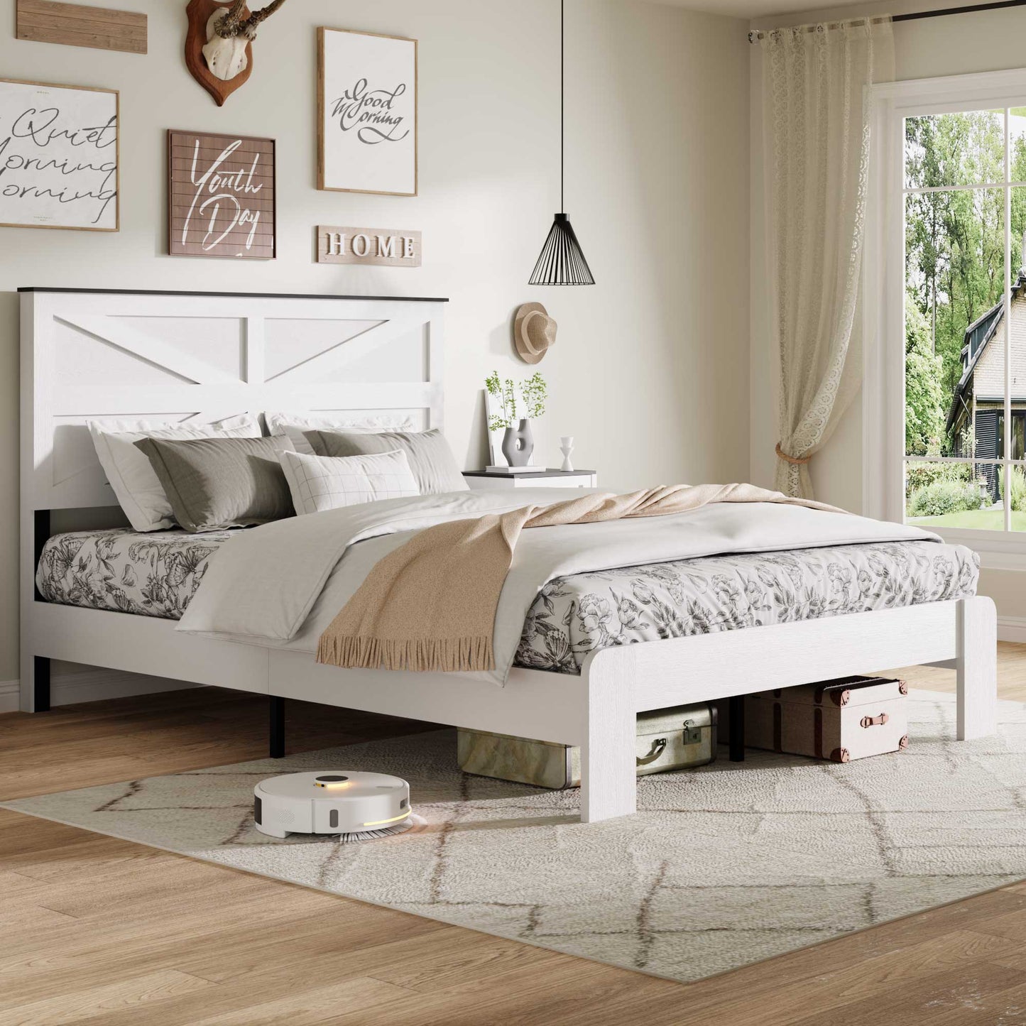 Upholstered Platform Bed Frame with Tufted Headboard, Modern Queen Size Bed Frame with Solid Wood Legs, Mid-Century Platform Bed for Adults Kids, No Box Spring Needed, Grey