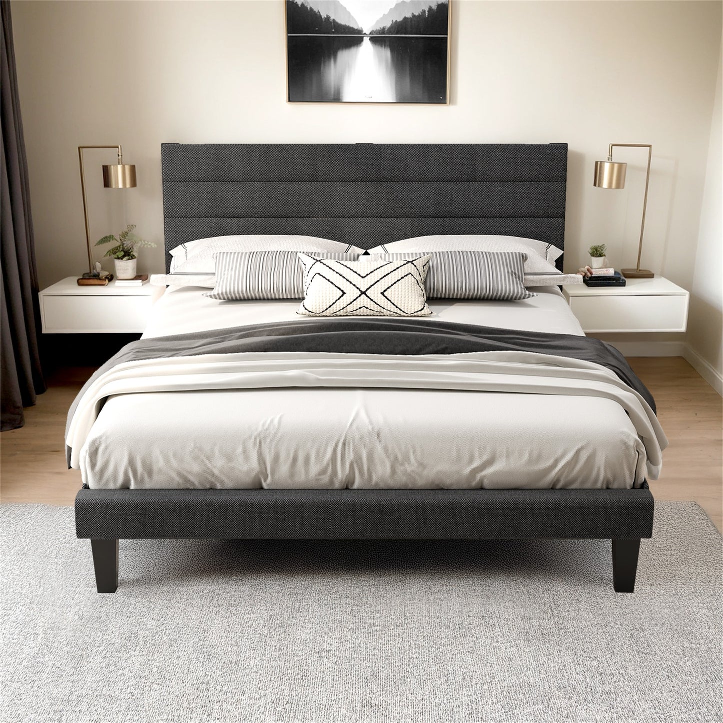 SESSLIFE Queen Bed Frame, 3-Position Adjustable Headboard Linen-Like Upholstered Platform Bed Frame for Teens Adults, No Box Spring Needed, Easy Assembly, Noise Free, Dark Gray