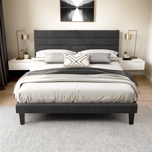 SESSLIFE Queen Bed Frame, 3-Position Adjustable Headboard Linen-Like Upholstered Platform Bed Frame for Teens Adults, No Box Spring Needed, Easy Assembly, Noise Free, Dark Gray