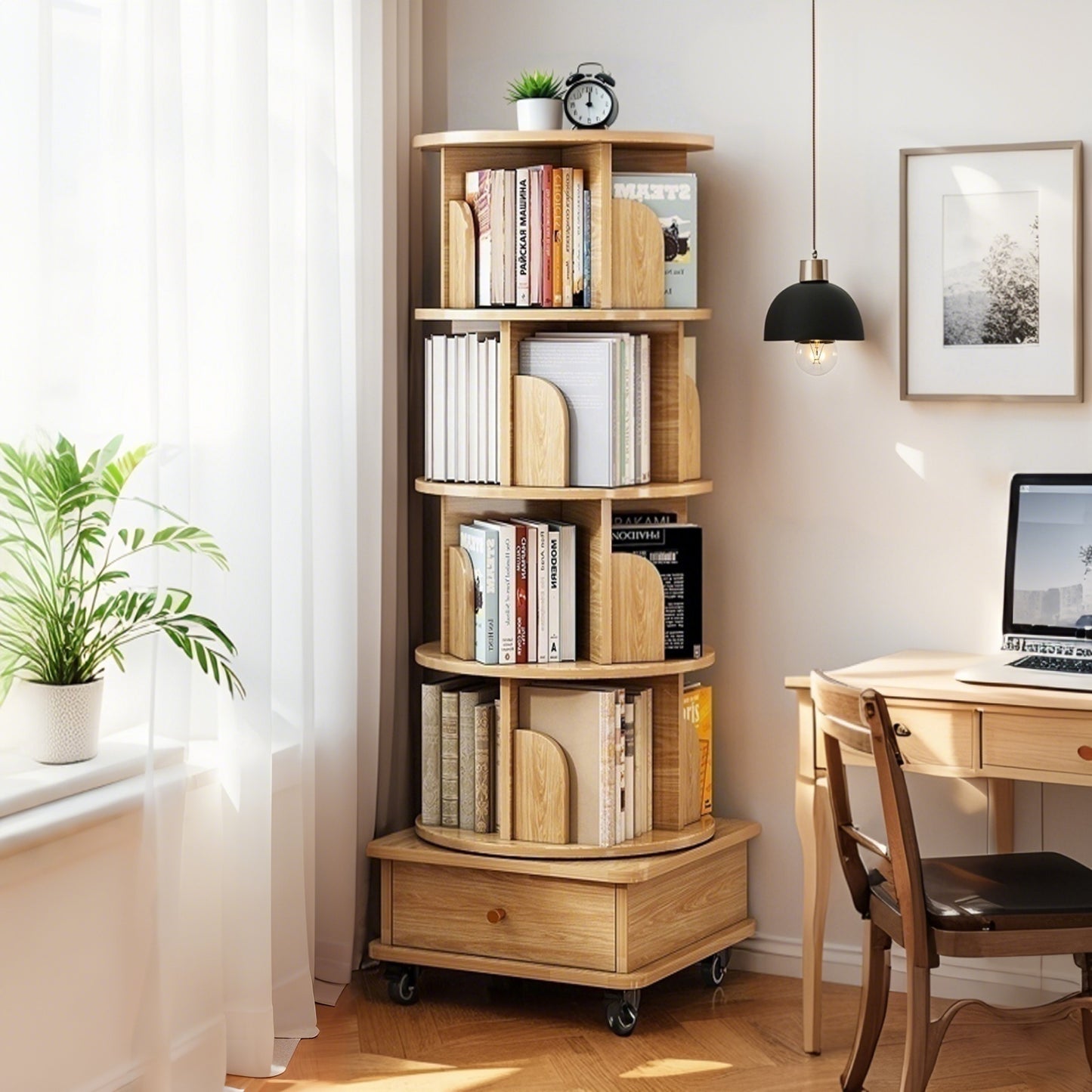 SESSLIFE 6 Tier Rotating Bookshelf Tower with Wheels and Drawer, 360° Spinning Bookcase for Small Spaces, Vertical Round Storage Shelf for Bedroom Living Room Office, White