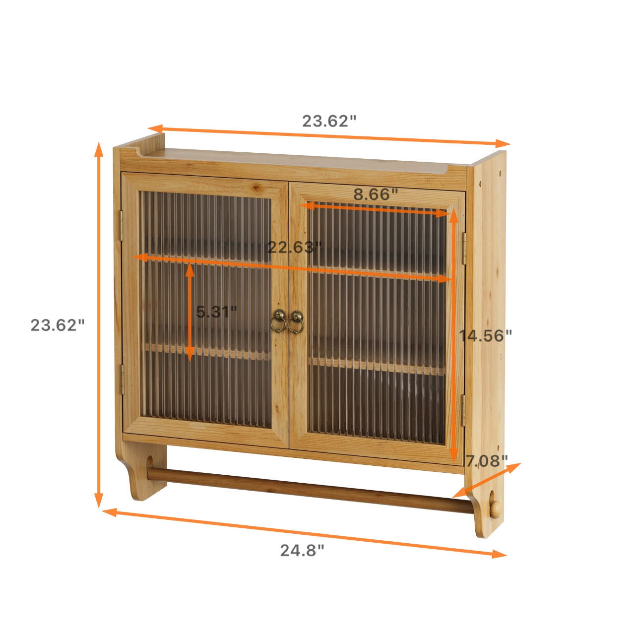 SESSLIFE 3-Tier Wall-Mounted with Fluted Glass Doors, 24.8" Rustic Storage Cabinet for Bathroom, Kitchen, Dining Room, Adjustable Shelves and Towel Rack, Natural Color