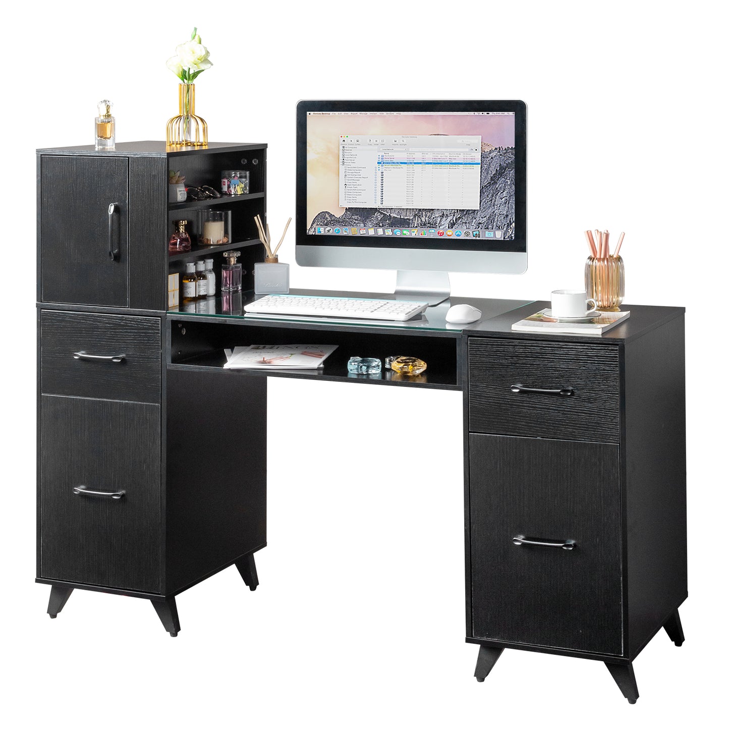 SESSLIFE All-in-One Nail Tech Table , Professional Manicure Station with Soft Wrist Rest, Acetone Resistant Glass Top, Spacious Cabinets for Bedroom, Nail Salon Organizer, Black