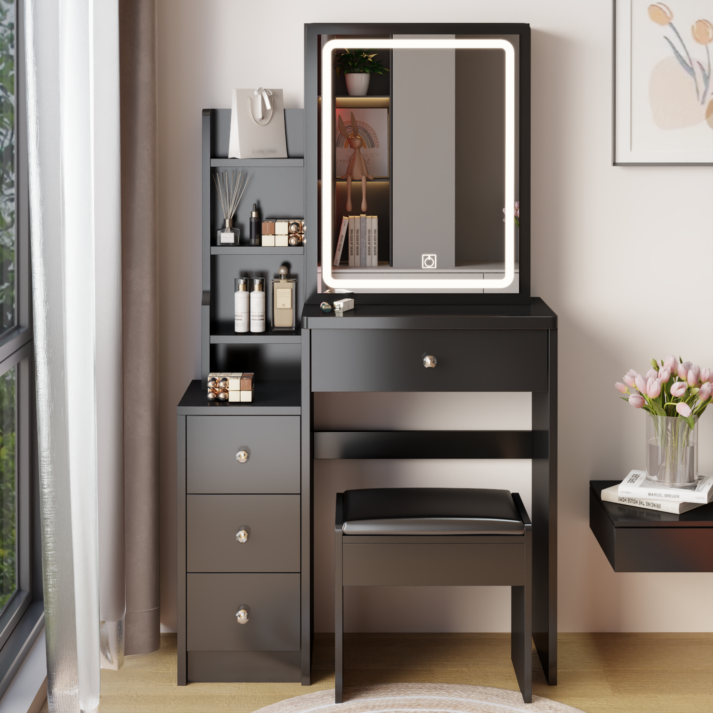 Vanity Set with Sliding LED Mirror, Makeup Vanity with 2 AC and 2 USB Power Station, Modern Vanity Desk with Cushioned Stool and Hair Dryer Bracket, 3 Colors Lights, Black