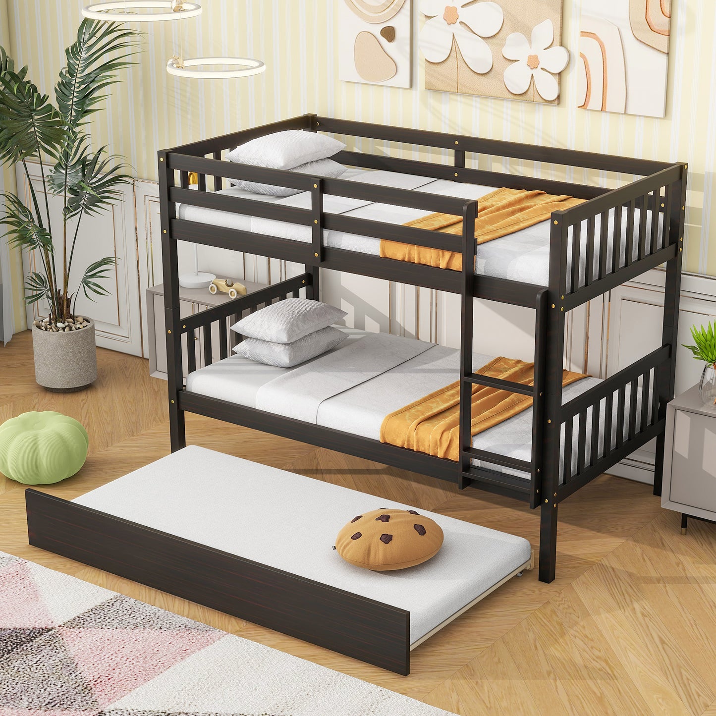 Sesslife Twin Over Twin Bunk Bed with Trundle, Wood Twin Over Twin Convertible Bunk Bed with Guardrails, Ladder, Bunk Bed for Kids, Dorm, Bedroom, White
