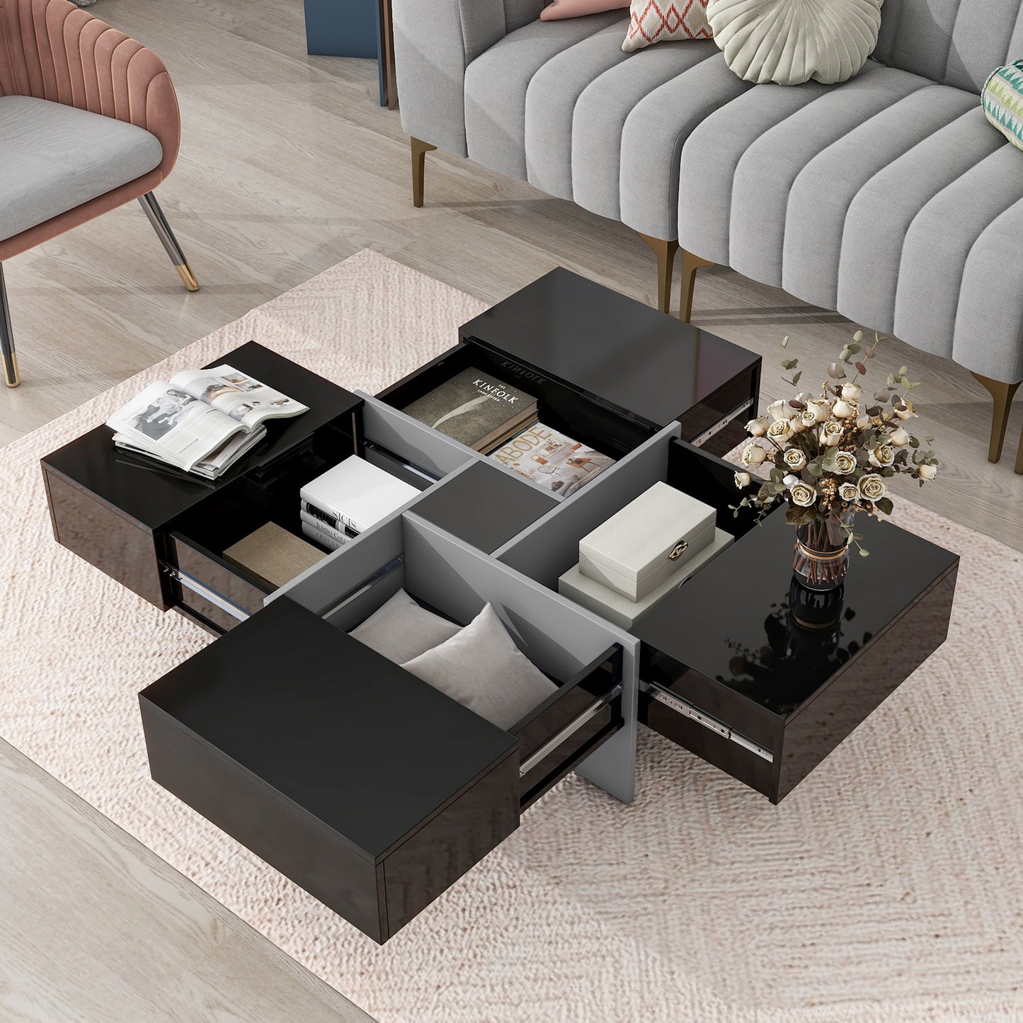SESSLIFE Modern Coffee Table with Hidden Storage Compartments, Square Extendable Sliding Tabletop for Living Room, UV High-gloss Design Center Table, Black Finish