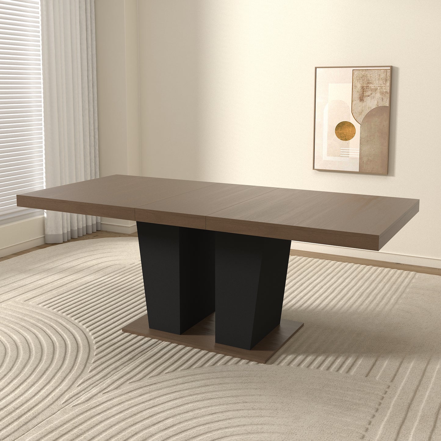 SESSLIFE Expandable Dining Table Set for 6 to 10 People, 63" to 79" Modern Farmhouse Kitchen Table with Double Pedestal Base, Scratch-Resistant Rustic Dining Room Table, Beige+Brown