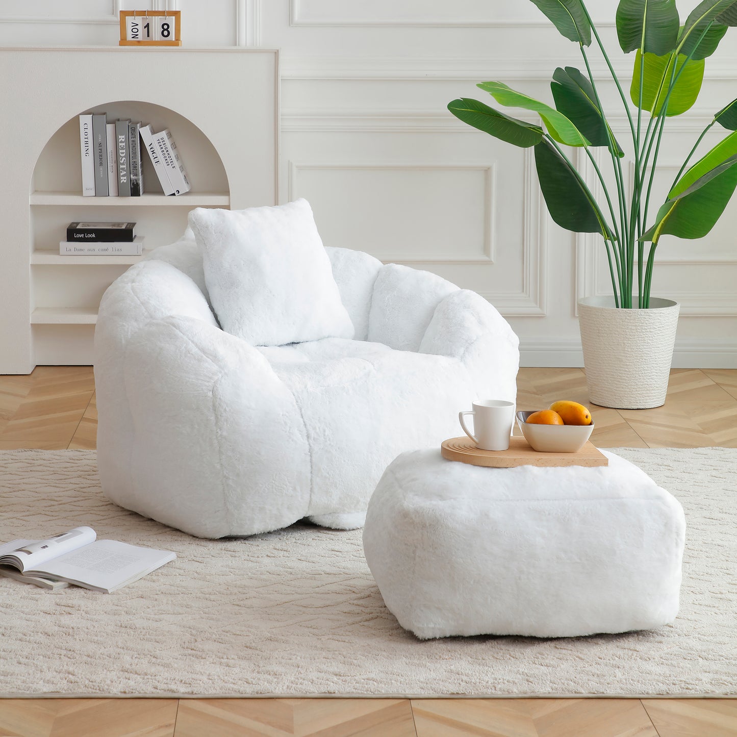 SESSLIFE Oversized Faux Fur Bean Bag Chair with Footstool, Giant Bean Bag Chair for Adults, Shell Shape Bean Bag Couch, Floor Sofa for Gaming Reading Living Room, Light Blue