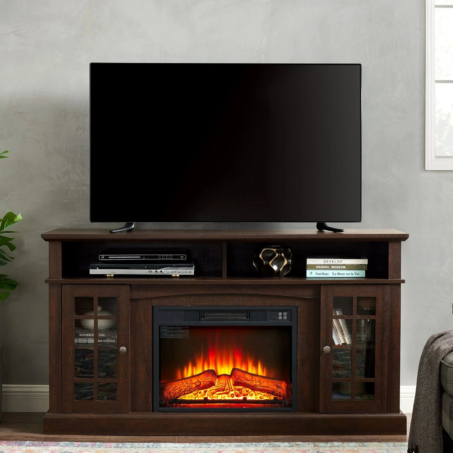 Sesslife Electric Fireplace TV Stand with Remote Control for 70 Inch TV, Farmhouse TV Console Table with Open Storage Shelves & 2 Cabinets, Wooden Media Entertainment Center for Living Room, Cherry