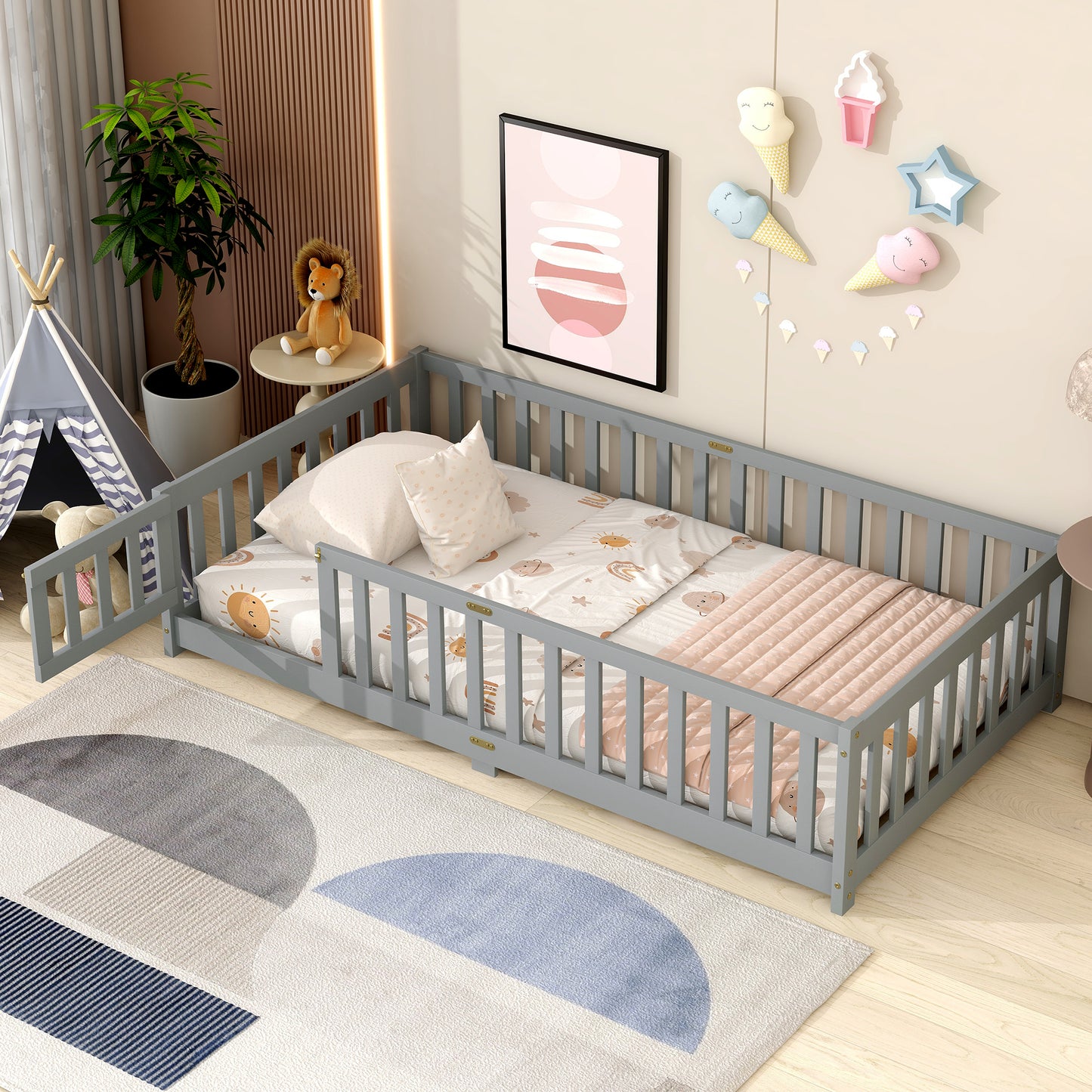 SESSLIFE Twin Size Floor Bed with Safety Fence, Low Profile Platform Bed Frame with Guardrails, Solid Wood Floor Bed with Slats, No Box Spring Needed, White